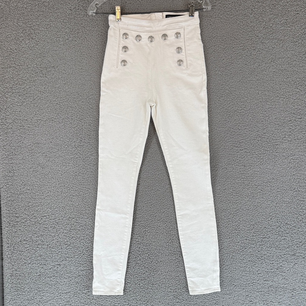Veronica Beard High-Rise White Sailor-Button Jeans